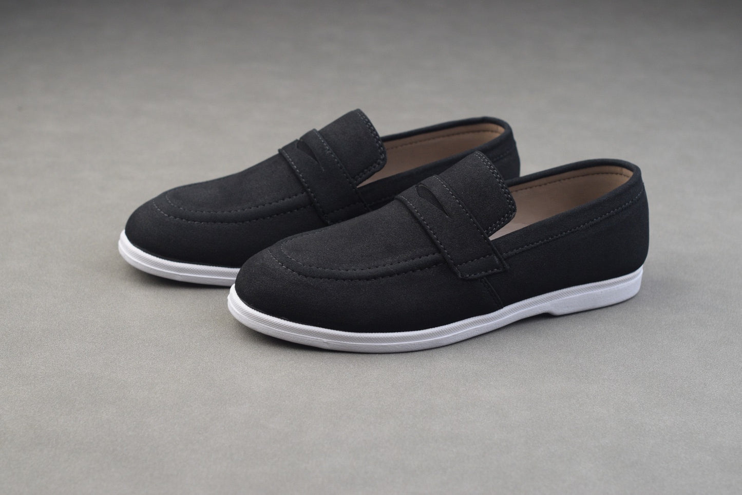 BLACK SUEDE WHITE SOLE MOCCASINS