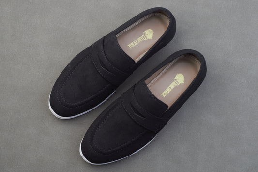 BLACK SUEDE WHITE SOLE MOCCASINS