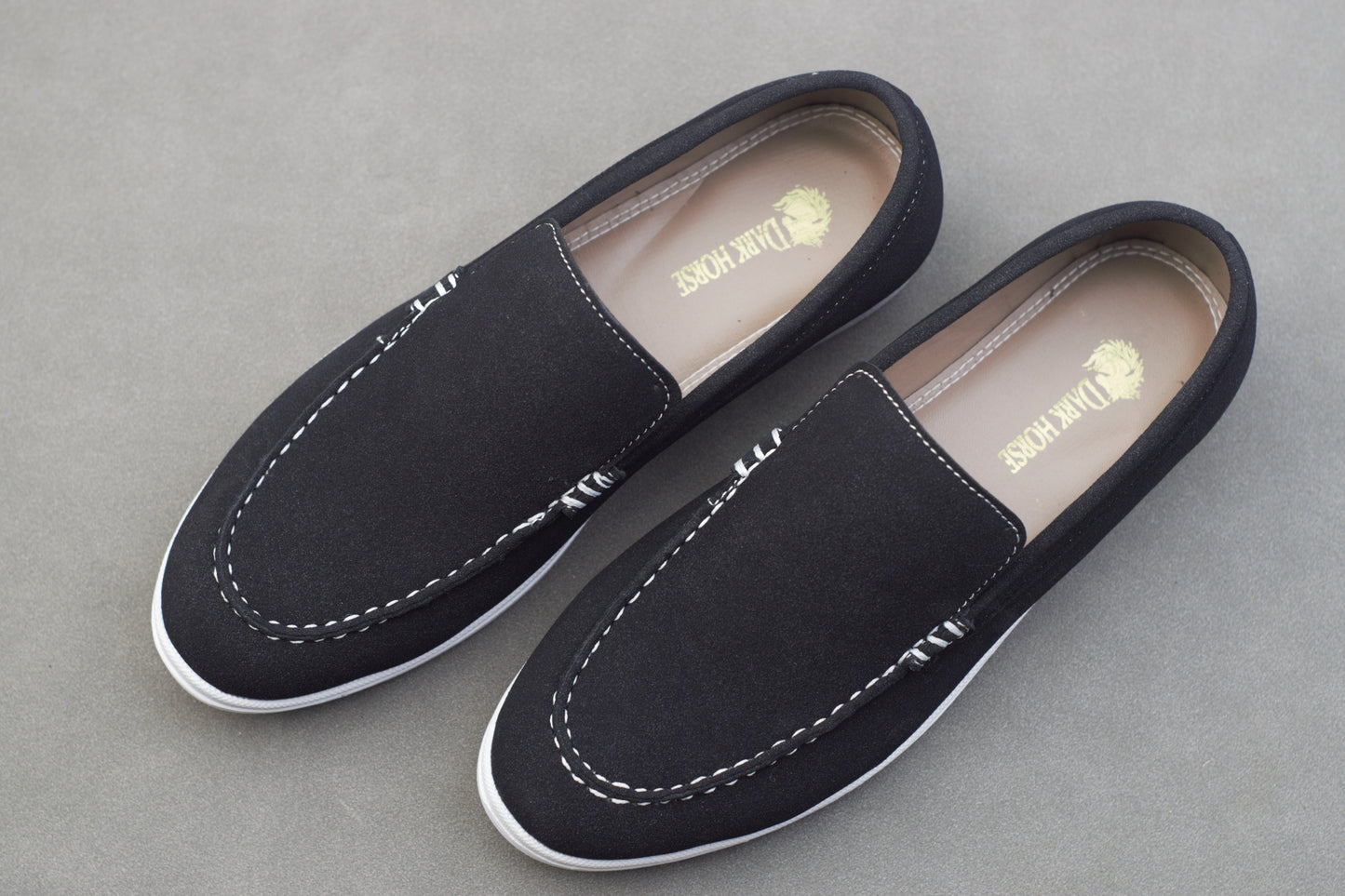 BLACK SUEDE WHITE SOLE MOCCASINS